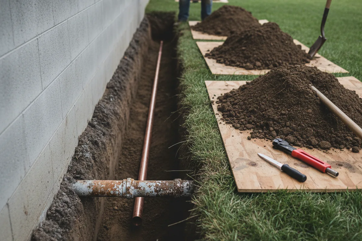 Excavated water line trench during Sewer Line Repair in Summers